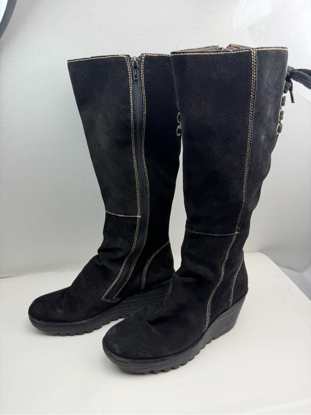Retail $220 Fly London YUST Black Suede Knee-High Wedge Boots – EU 37 / US 6.5-7